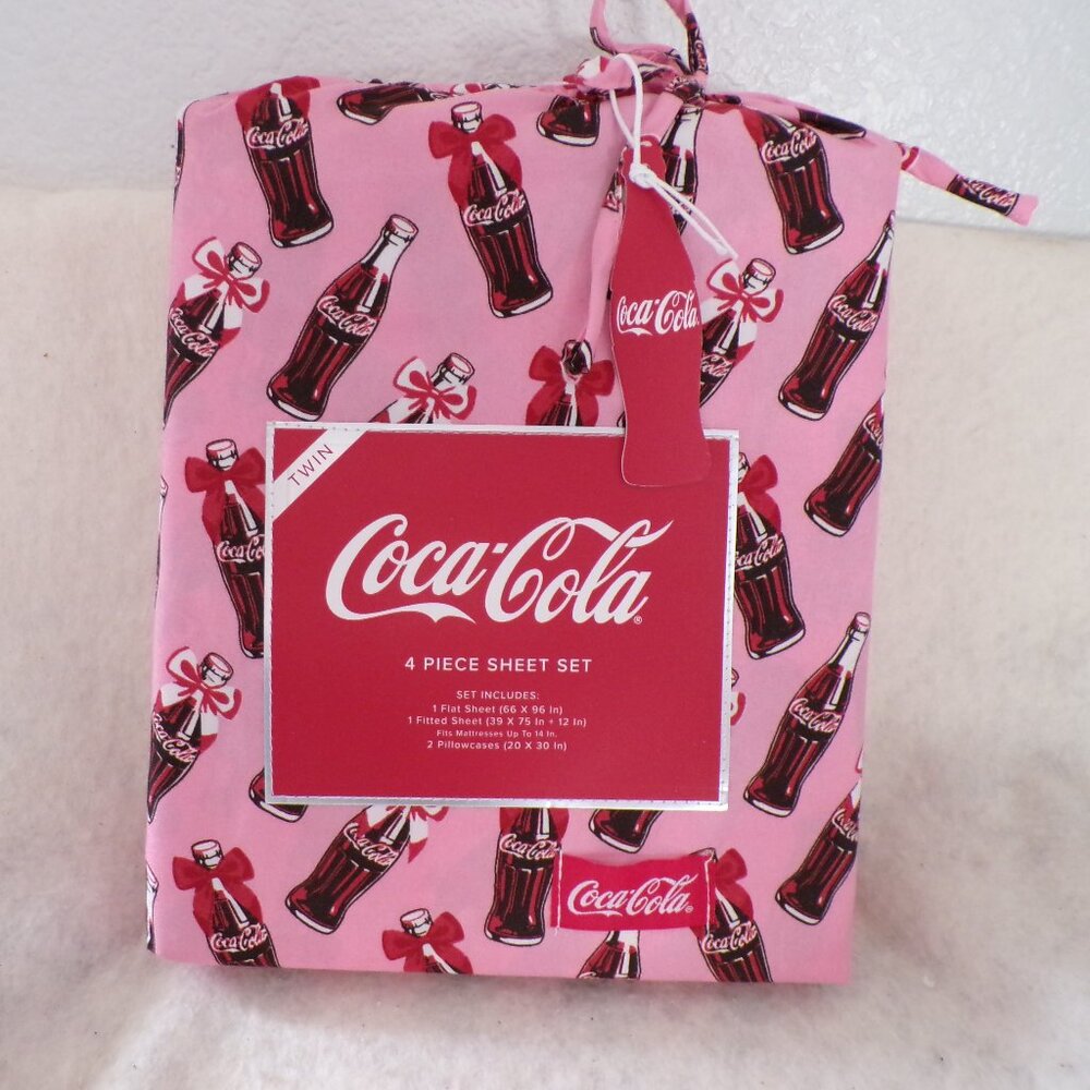 Red Bows Coca-Cola Bottle Print Twin Sheet Set Soda Bedding NWT Coke